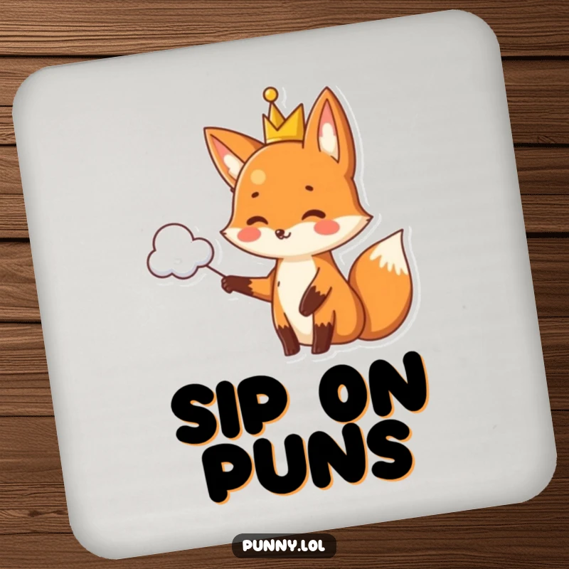 Funny fox drink coaster wearing a crown, pointing to a pun-shaped cloud, a humorous accessory for drinks.