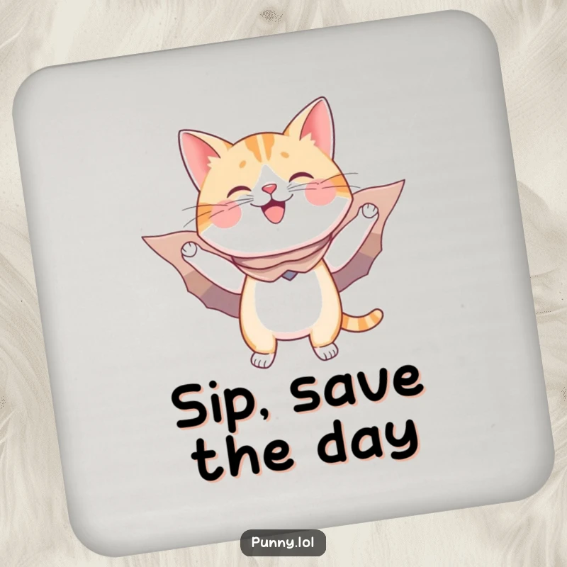 Funny coaster art: a happy cat in a cape and cardboard wings pretends to fly, adding humor to drink protection.