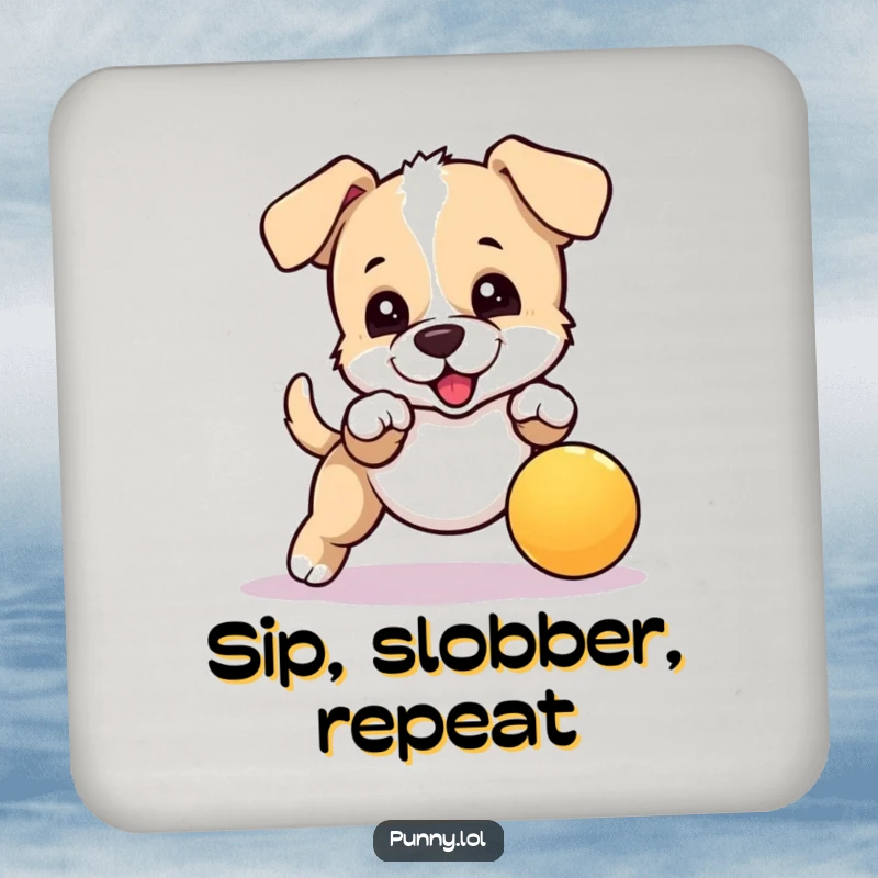 Funny drink coaster illustration of an energetic puppy trying to catch a bouncing ball, a whimsical protective accessory.