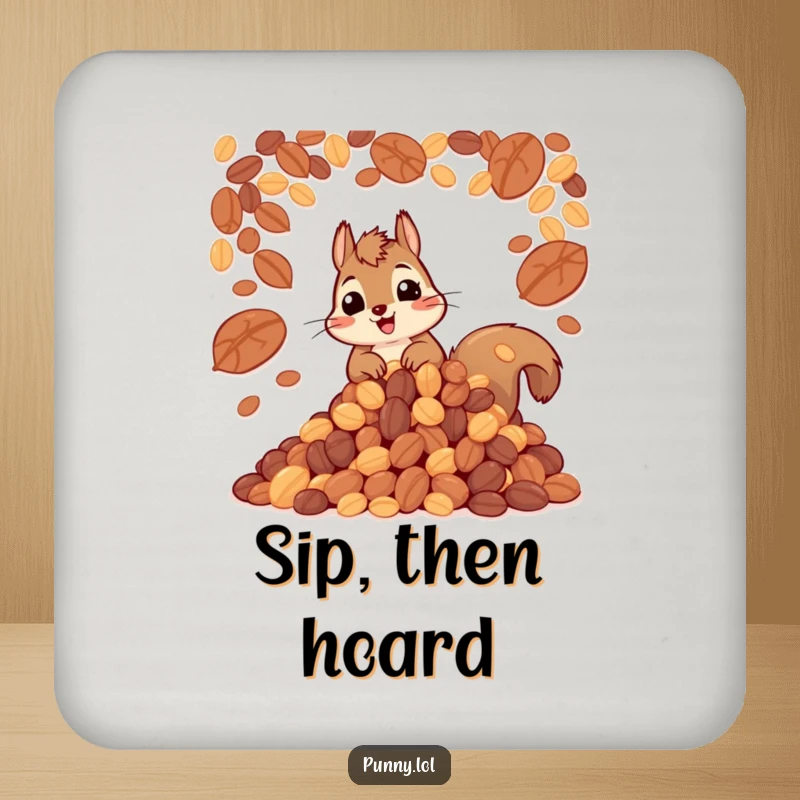 Funny drink coaster illustration of a happy squirrel guarding an enormous pile of nuts, a whimsical protective accessory.