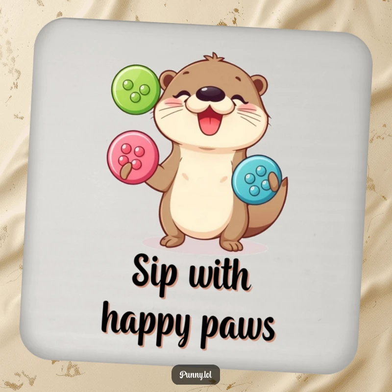 Funny Coaster: A drink coaster depicting a playful otter happily juggling shiny buttons.