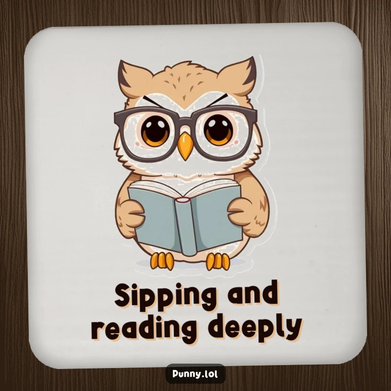 Funny Owl Coaster showing a surprised owl in oversized glasses reading a tiny book, protecting drinks with humor and a funny gift.