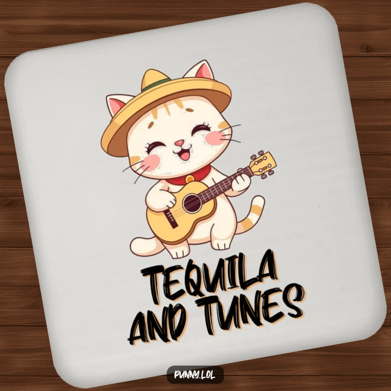 Funny drink coasters depicting a smiling cat wearing a tiny sombrero and playing a miniature guitar, for stylish protection.