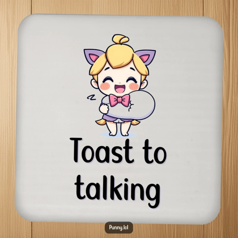 Funny Bowtie Character Speech Bubble Drink Coaster: A humorous coaster depicting a character in a bowtie holding a large speech bubble. Protects surfaces.