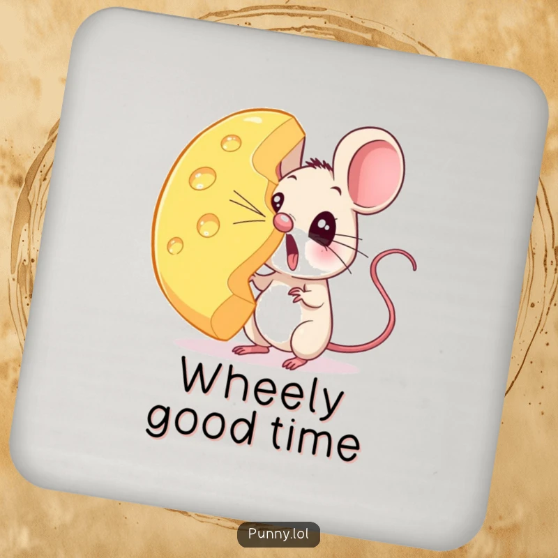 Funny mouse coaster illustration of a surprised rodent balancing a giant cheese wheel on its nose.