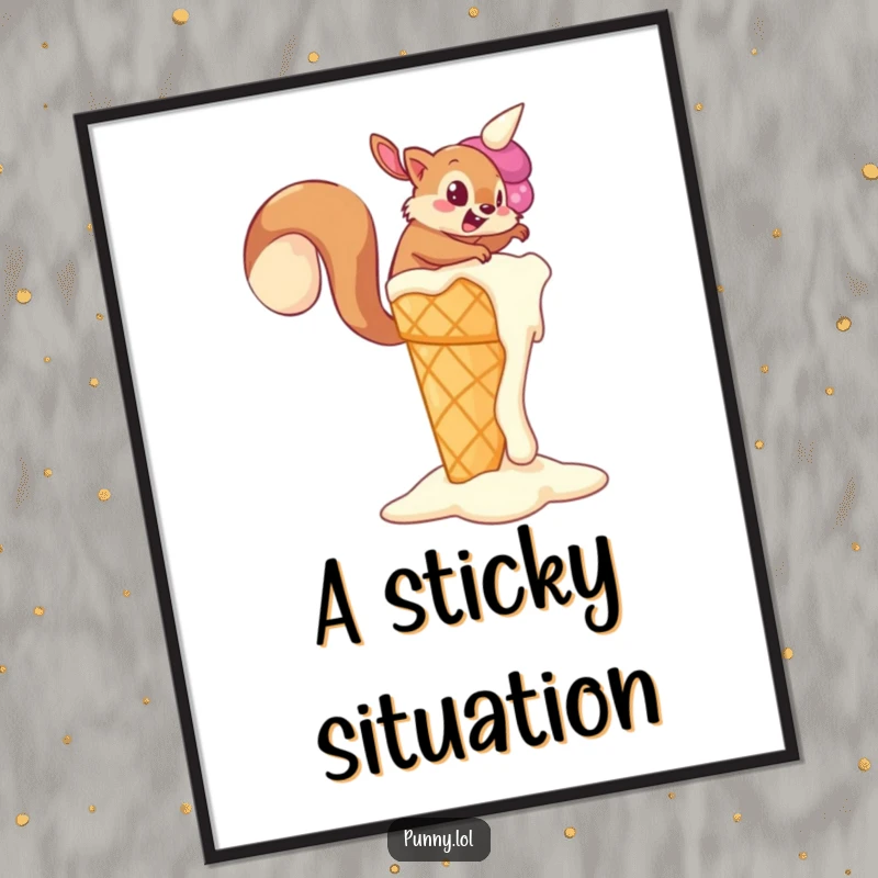 Funny Squirrel Poster showing a determined squirrel trying to climb a giant, melting ice cream cone, perfect for wall art and a funny gift.