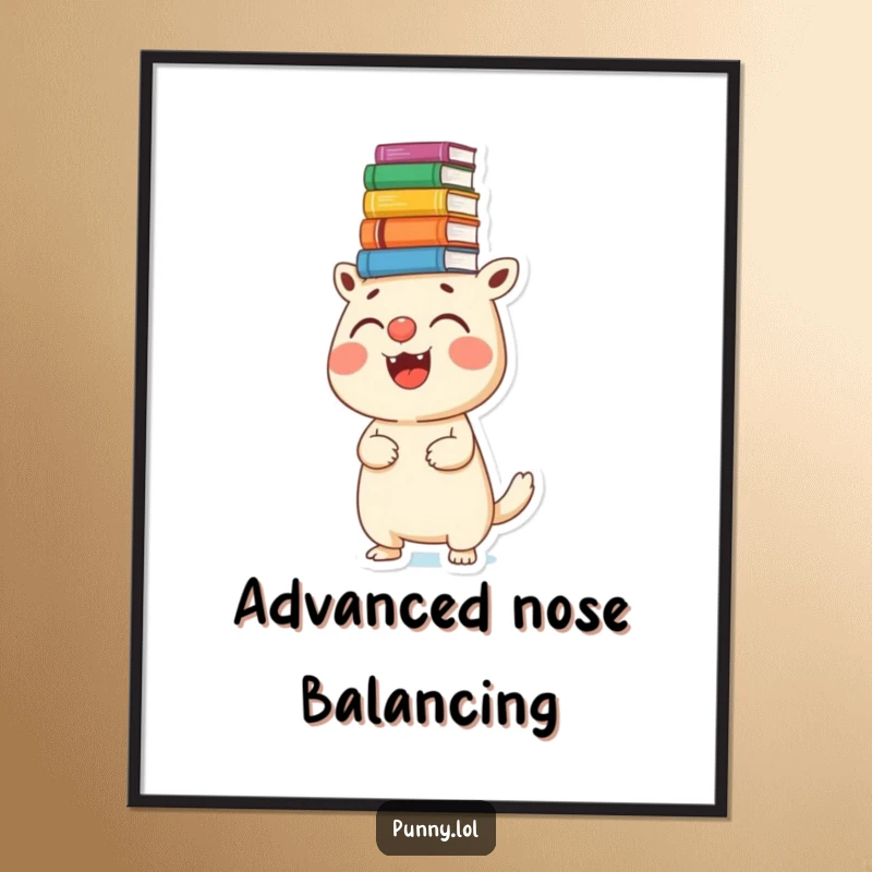 Funny poster showcasing a happy creature balancing a precarious pile of books on its nose, adding whimsical decor.
