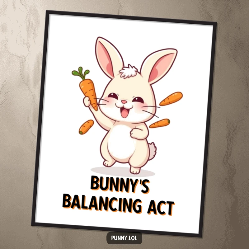 Funny rabbit poster depicting a playful bunny skillfully juggling three bright carrots with intense concentration.