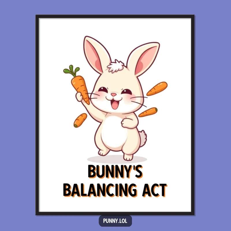 Funny Playful Rabbit Juggling Carrots Poster - Whimsical Wall Art for Fun