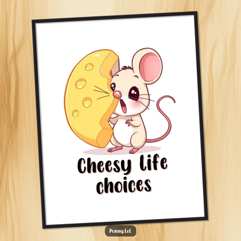 Funny mouse poster depicting a shocked rodent balancing a giant wheel of cheese on its nose, creating a whimsical scene.