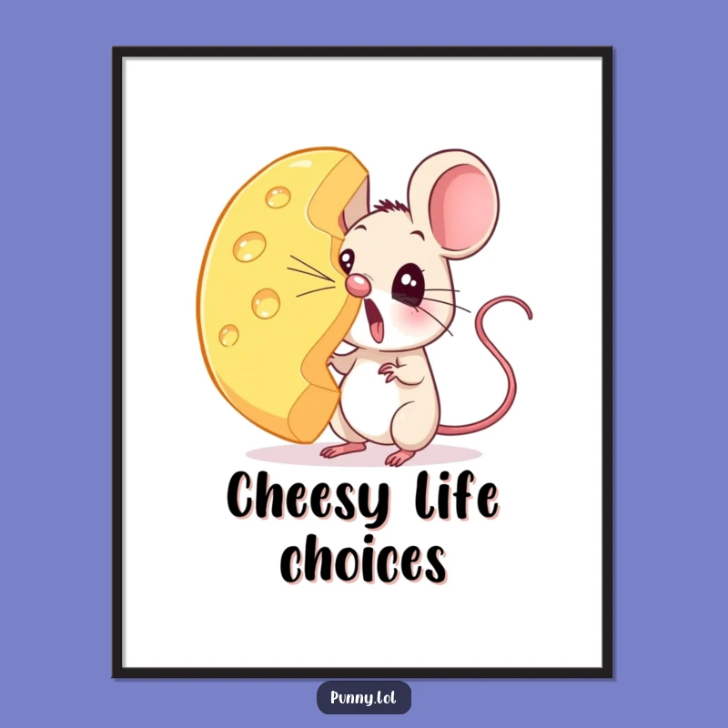 Funny Surprised Mouse Cheese Wheel Poster - Whimsical Art for Cheese Lovers