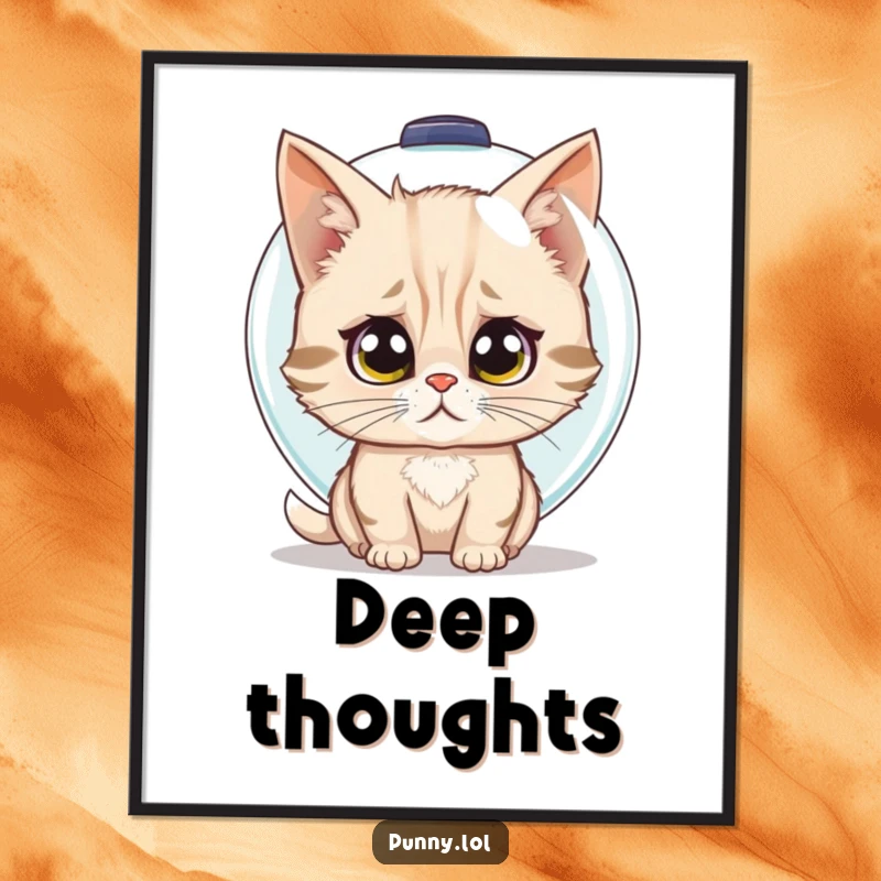 Funny poster of a confused cat trying to wear a fishbowl as a helmet, a comical piece of cat art.