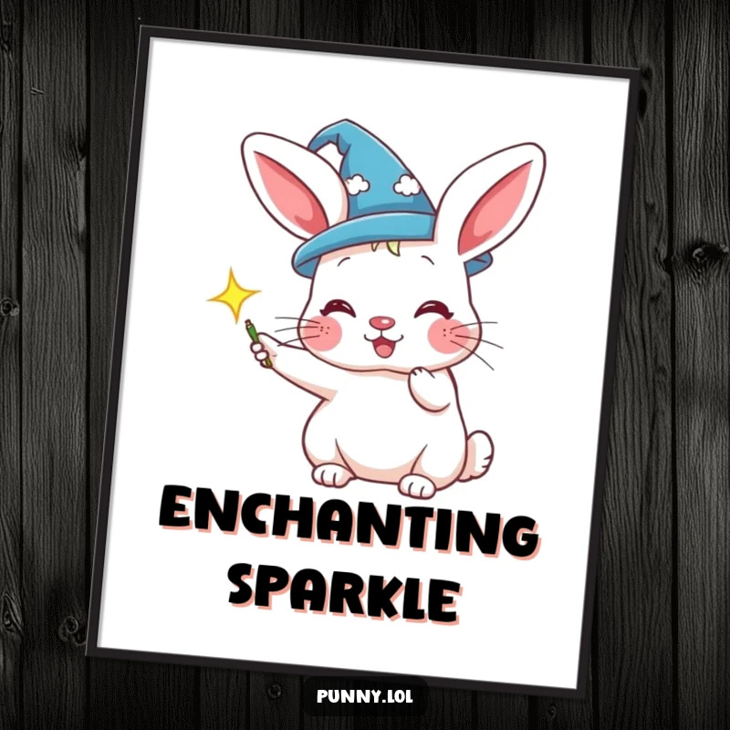 Funny poster of a rabbit in a wizard hat conjuring a sparkle, ideal for magical wall decor.
