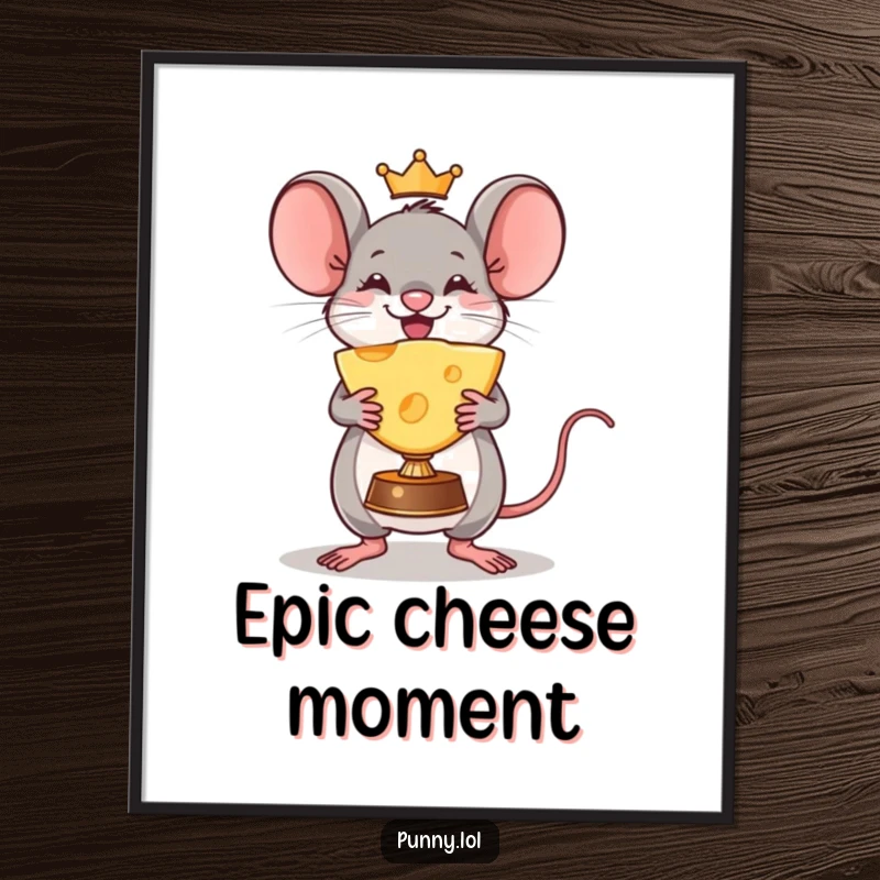 Funny Mouse Poster: A triumphant mouse proudly holds a giant cheese wedge trophy aloft, celebrating a delicious and comical victory.