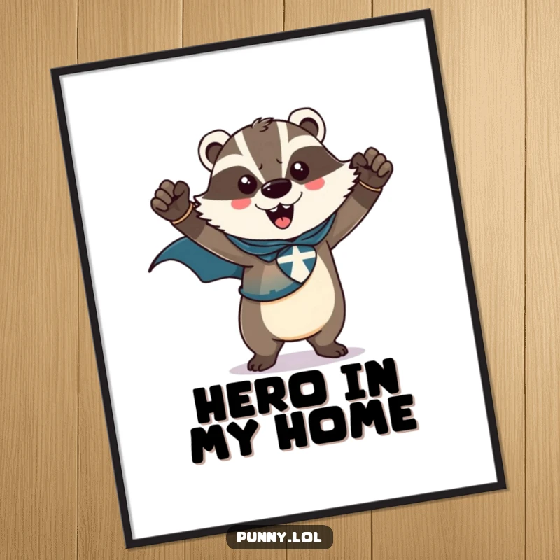 Funny poster art of a triumphant badger wearing a superhero cape, striking a powerful and heroic pose, embodying victory.