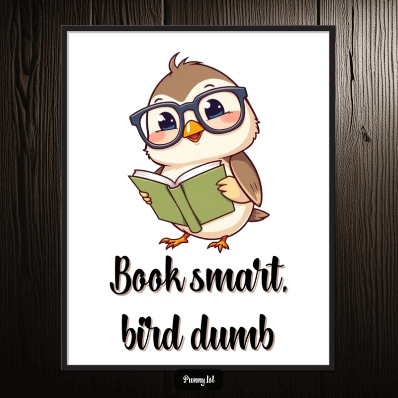 Funny poster art of a giggling chickadee wearing big spectacles, reading a tiny book, bringing charming humor to any room.