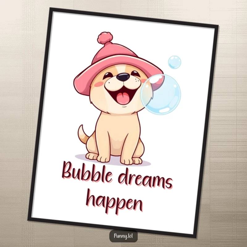 Funny poster art of a happy dog wearing a silly hat, enthusiastically barking at a floating bubble, capturing playful pet moments.