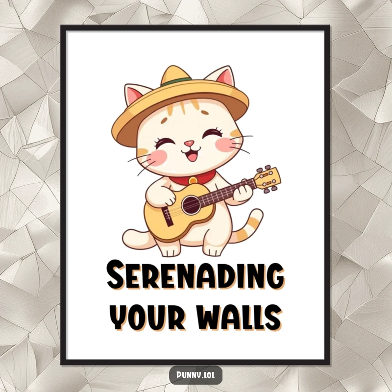Funny poster illustrating a smiling cat wearing a small sombrero and playing a miniature guitar, adding personality.