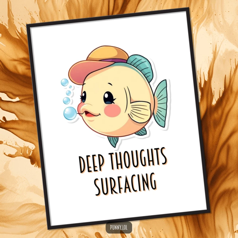 Funny fish poster illustrating a peculiar fish in a hat, blowing a cascade of bubbles, adding whimsical charm to walls.