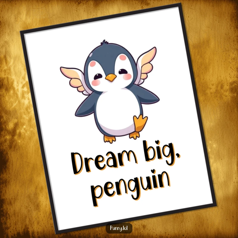 Funny poster of a silly penguin flapping its small, colorful wings energetically in a comical attempt to achieve flight.