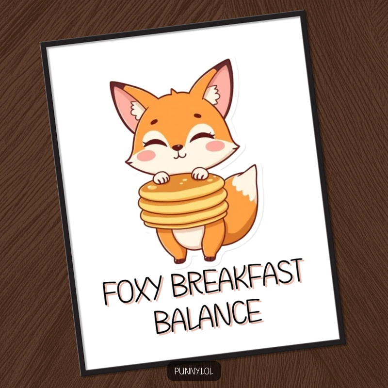 Funny fox winking, balancing a stack of pancakes, presented as humorous wall art for a vibrant and funny home.