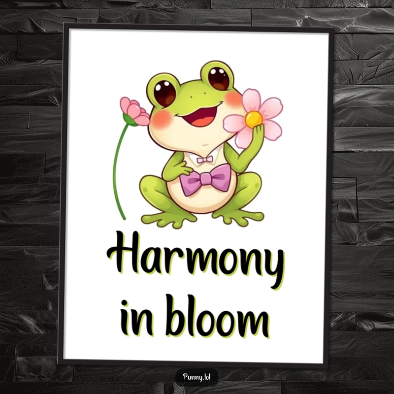 Funny Poster: Wall art of a cheerful frog wearing a bowtie, singing into a flower.