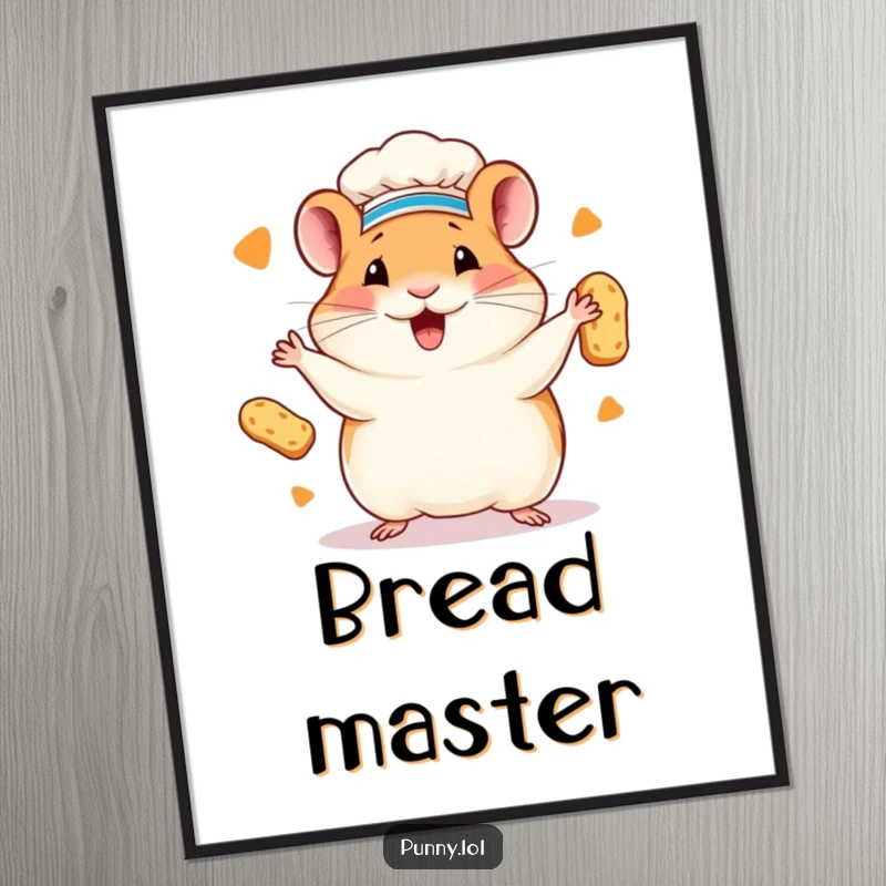 Funny hamster chef poster of a happy hamster in a chef hat juggling miniature loaves of bread. Humorous wall art.