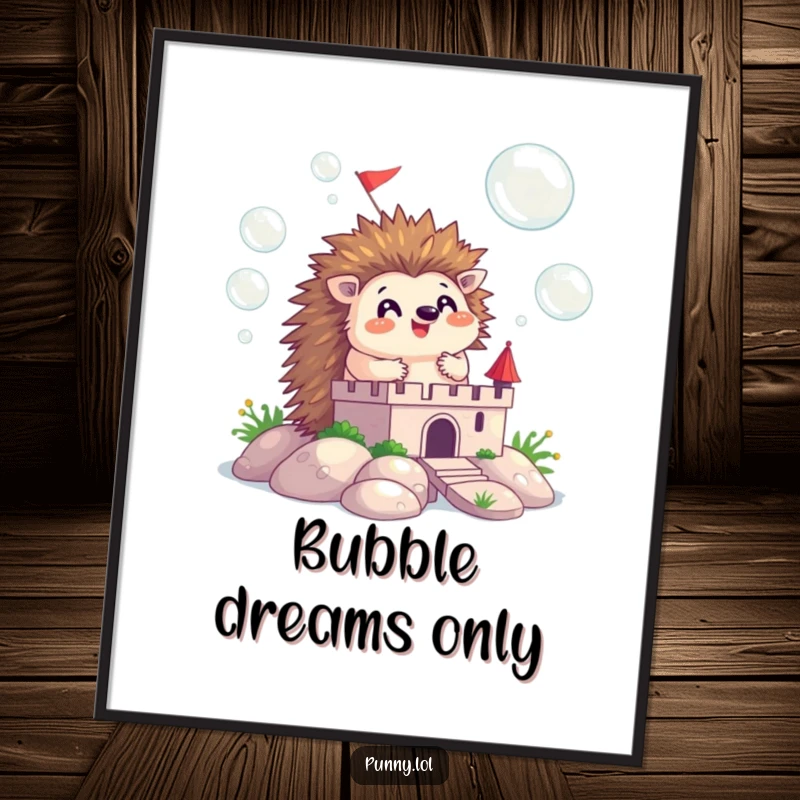 Funny poster print of a happy hedgehog meticulously building a castle from floating bubbles, bringing whimsical charm indoors.