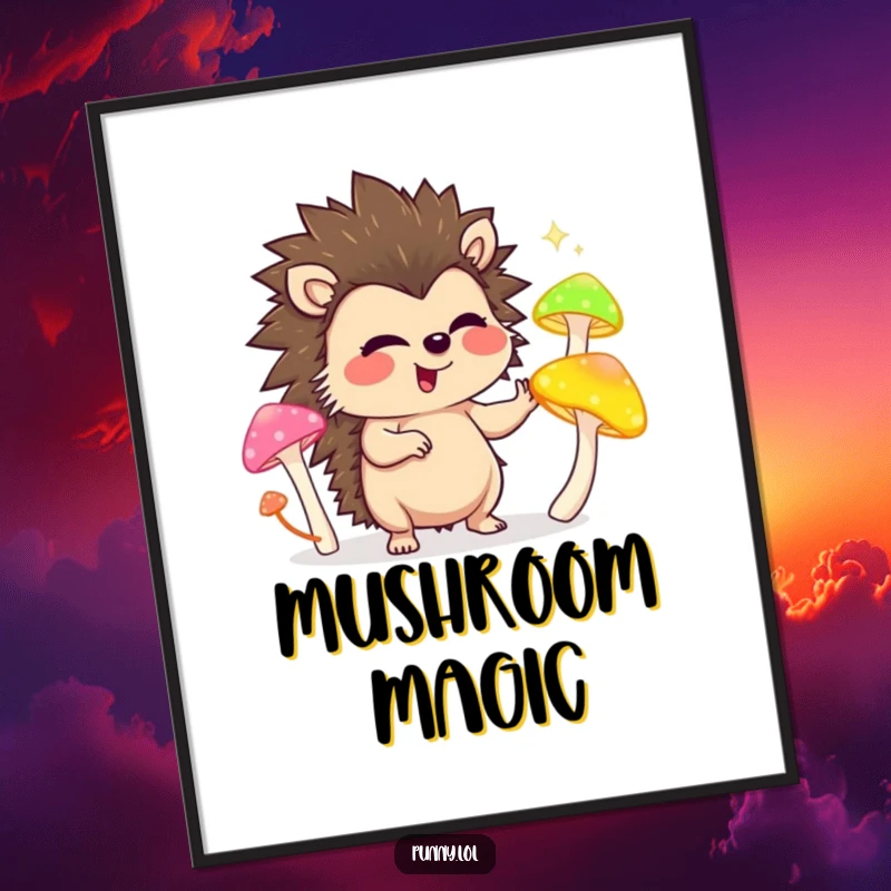 Funny poster showcasing a joyful hedgehog character mid-juggle with glowing mushrooms, bringing vibrant, humorous energy.