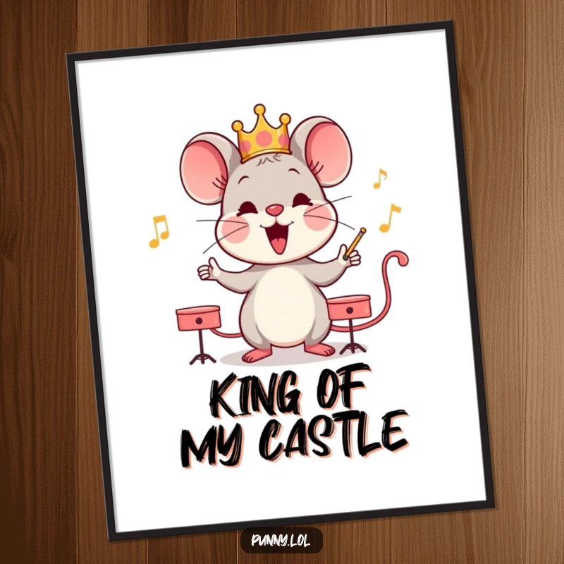 Funny mouse wearing a crown, conducting an imaginary orchestra, presented as humorous wall art for a music lover.