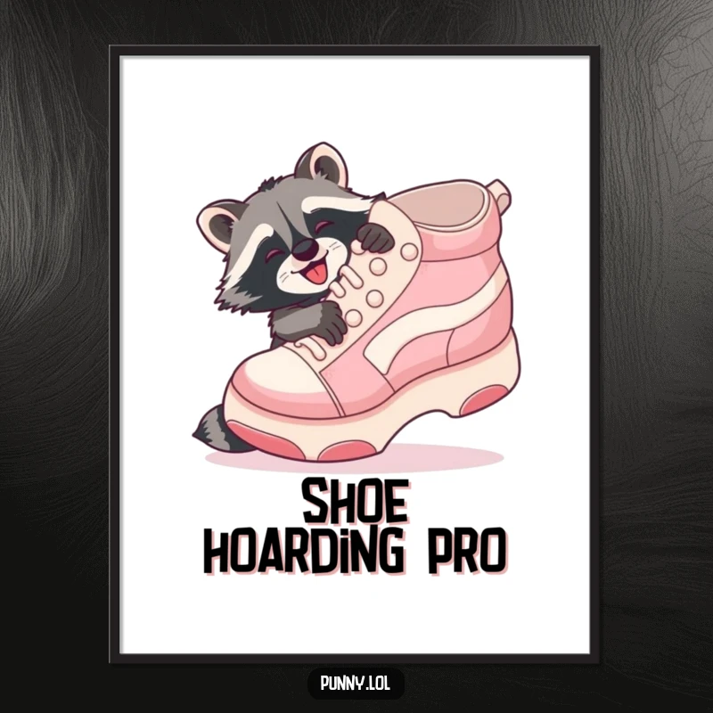 Funny Raccoon Shoe Hug Poster: A playful raccoon gleefully embraces a giant inflatable shoe, radiating pure joy.
