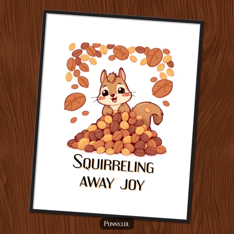 Funny poster of a cheerful squirrel surrounded by an immense pile of nuts, whimsical wall decor for a humorous touch.