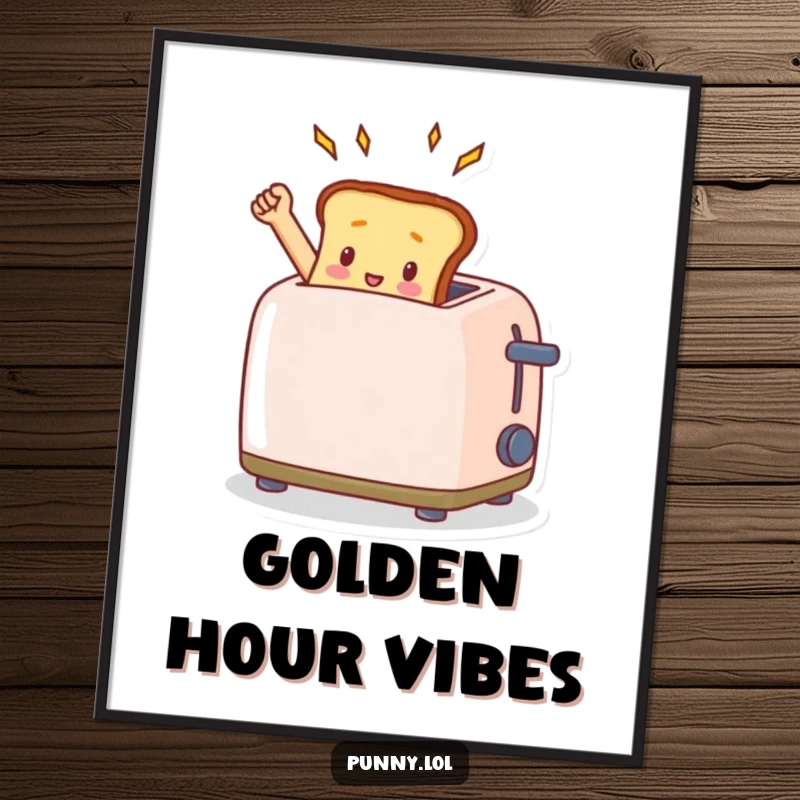 Whimsical poster print of a funny toast emerging triumphantly from a toaster, adding a humorous and cheerful element to any wall.