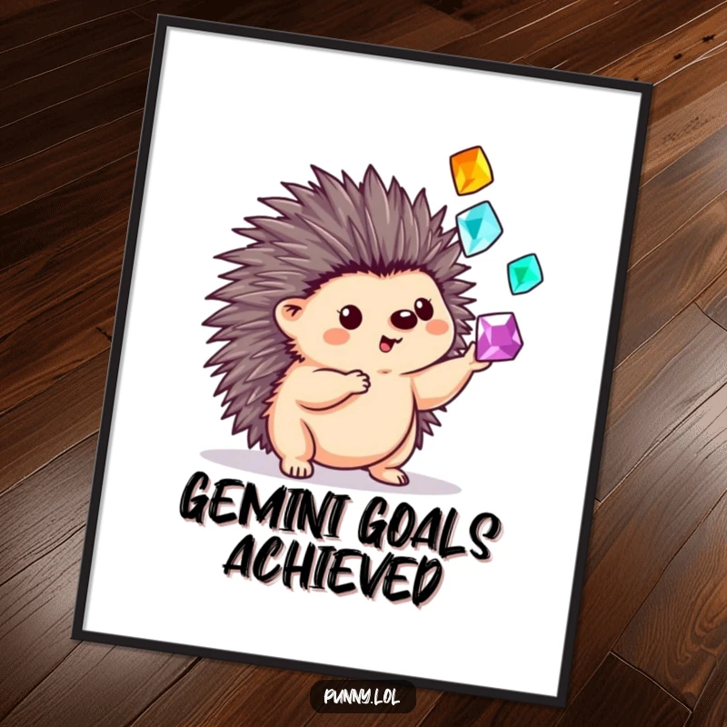 Funny poster print of a hedgehog playfully juggling three luminous gems using its quills, creating a magical and intricate scene.