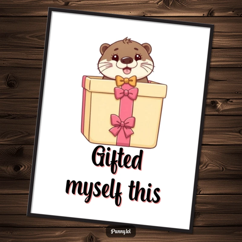 Funny poster of an otter in a bow tie peeking from a gift box, adding humor to wall decor.