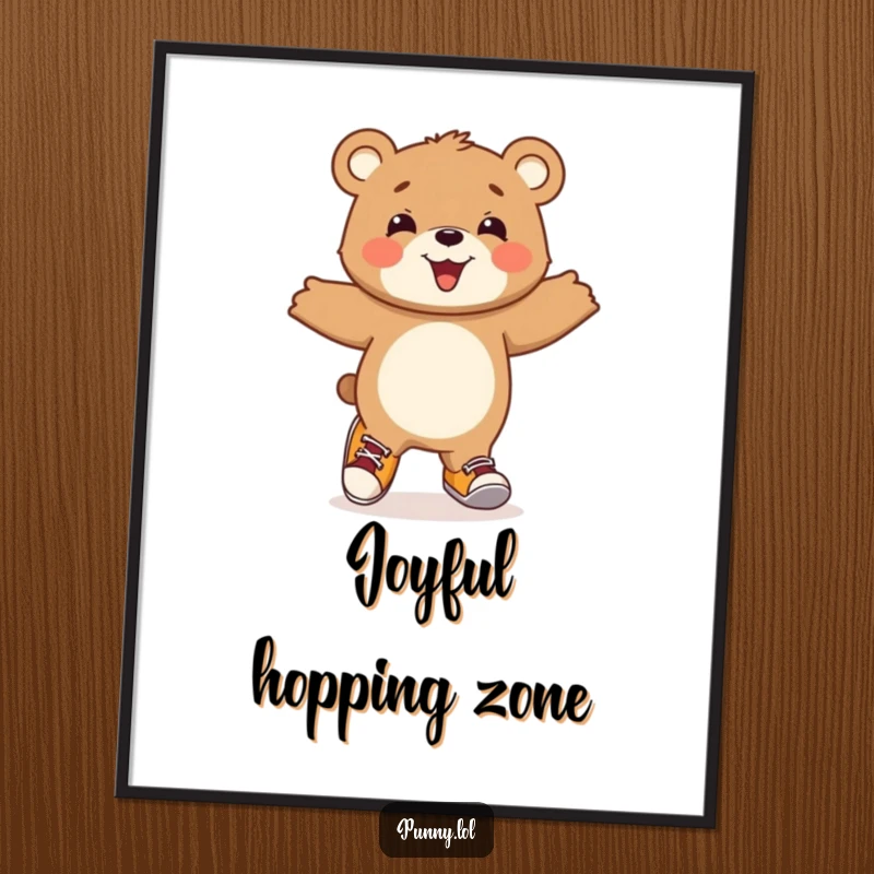 Funny Bear Cub Poster: A beaming bear cub joyfully hops around wearing comically mismatched shoes, radiating pure, infectious happiness.