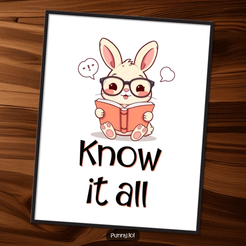 Funny poster of a cheerful rabbit wearing glasses, reading a book with humorous word bubbles, ideal for whimsical decor.