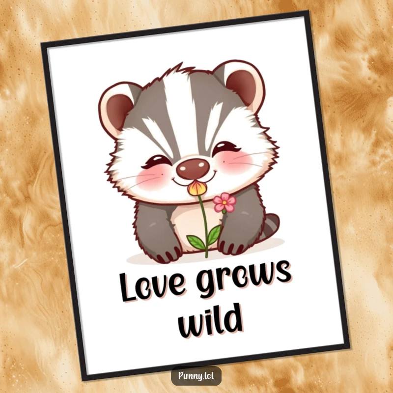 Funny poster print of a grinning badger blowing a kiss that transforms into a small flower, bringing charming romance indoors.