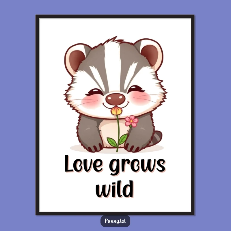 Funny Badger Kiss Poster: Grinning Animal Flower Art for Charming Decor