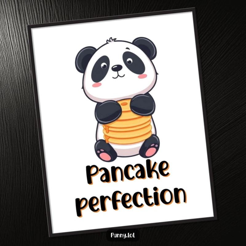 Funny poster of a panda balancing pancakes on its nose, ideal for kitchen or dining decor.
