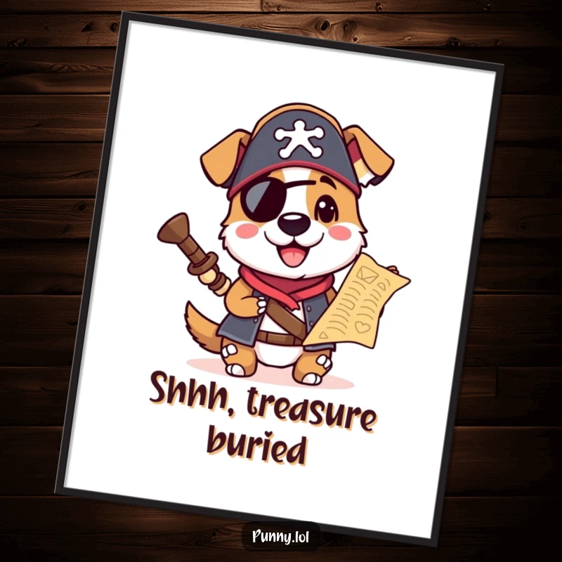 Funny poster of a playful dog in a pirate hat, intently studying a treasure map, evoking a sense of exciting discovery.