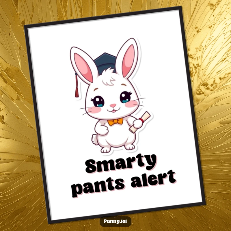 Funny graduation poster print of a beaming rabbit wearing a tiny cap and holding a diploma, radiating success and happiness.