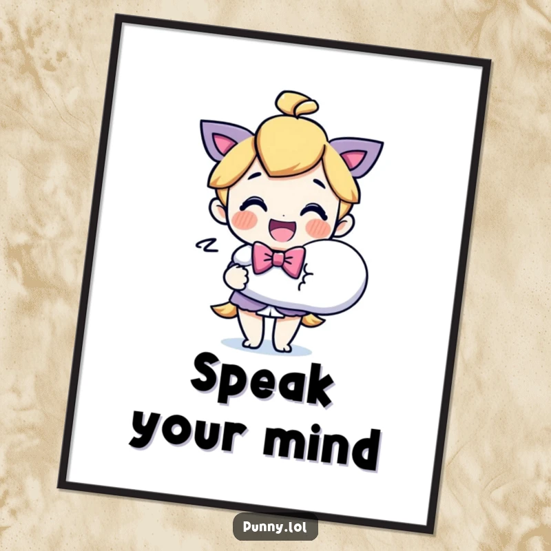 Funny Bowtie Character Speech Bubble Poster: Humorous wall art depicting a delighted character in a bowtie holding a large, empty speech bubble.