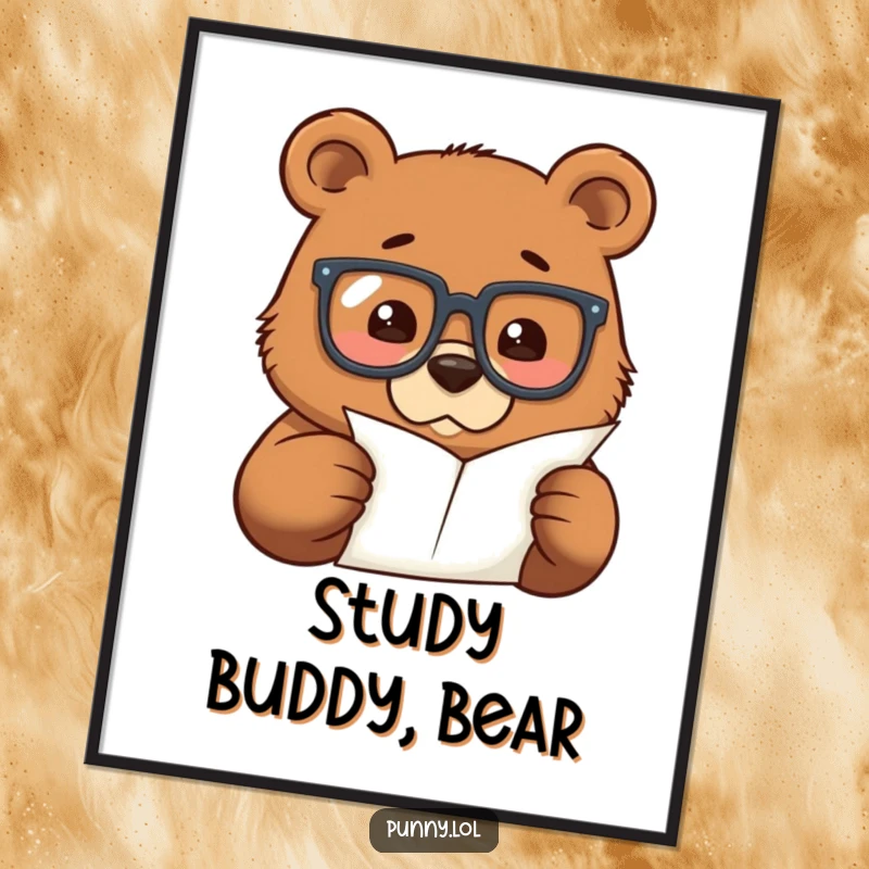 Funny poster print of a bear with oversized glasses, critically examining a tiny piece of paper, creating a humorous intellectual scene.