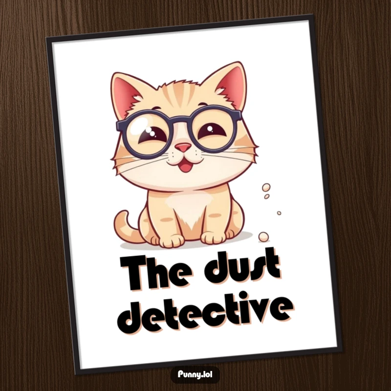 Funny Cat Poster: A detailed illustration shows a sophisticated cat wearing a monocle, focused on a speck of dust.