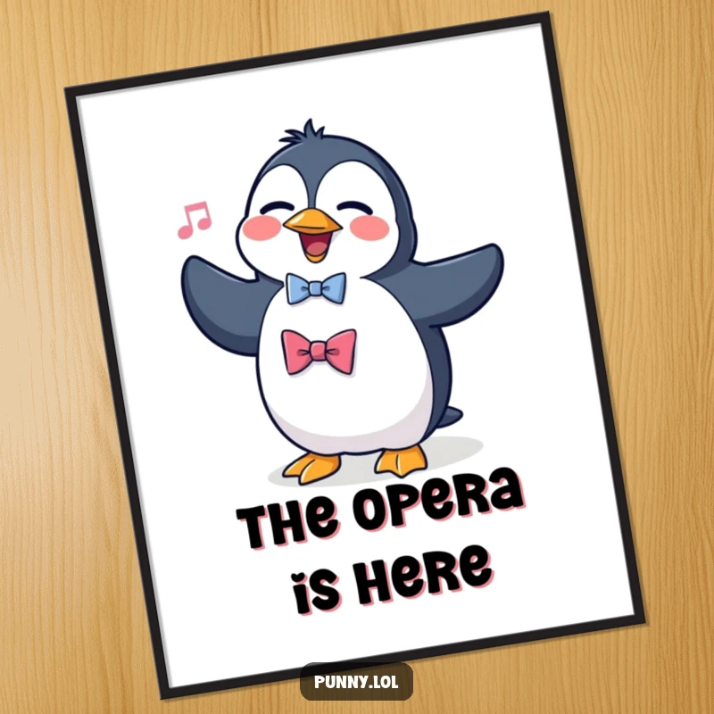 Funny poster art of a silly penguin wearing a bowtie, dramatically attempting to sing opera, capturing a humorous and theatrical moment.