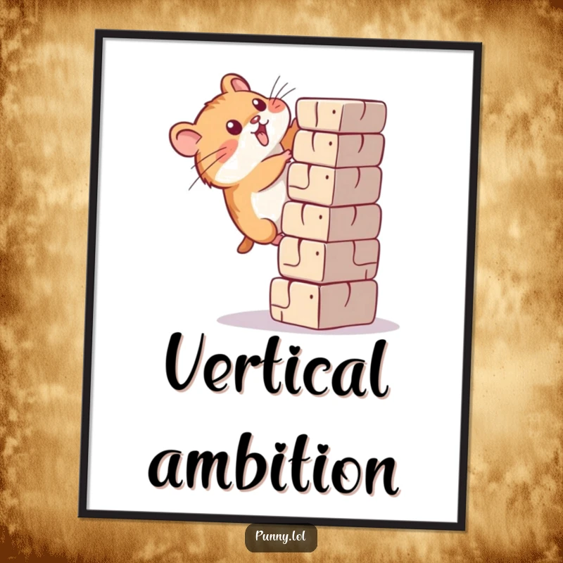 Funny hamster poster depicting a determined rodent making a serious effort to climb a very tall block.