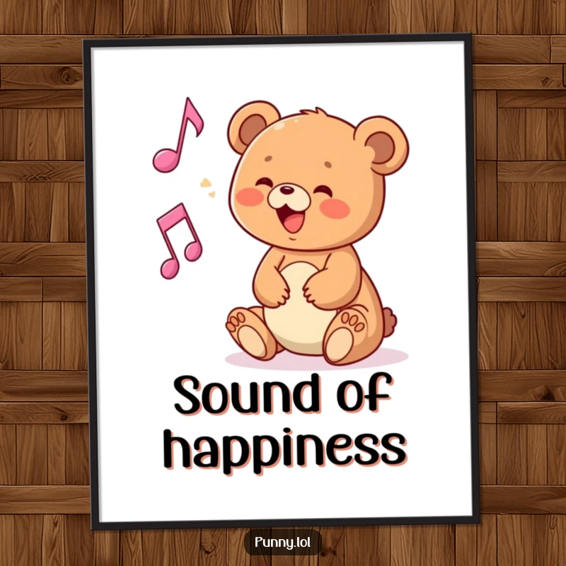 Funny poster of a bear cub happily playing with a musical note, ideal for music-themed decor.
