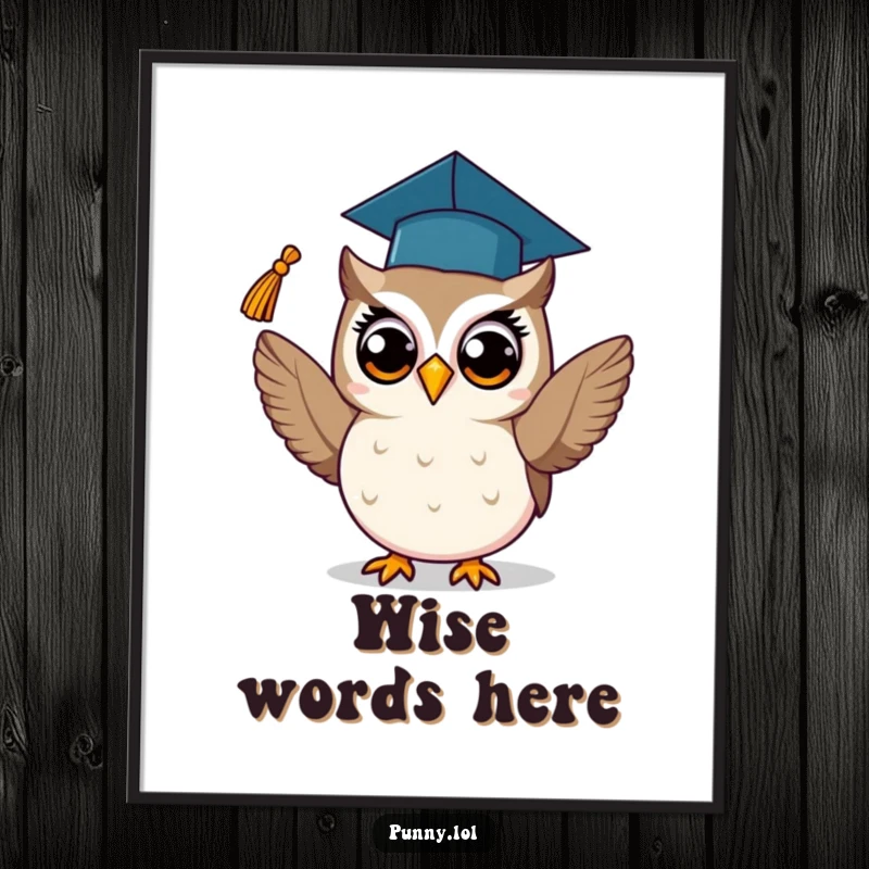 Funny poster of a proud owl in a graduation cap, joyfully tossing its tassel, celebrating academic achievement with a hoot.
