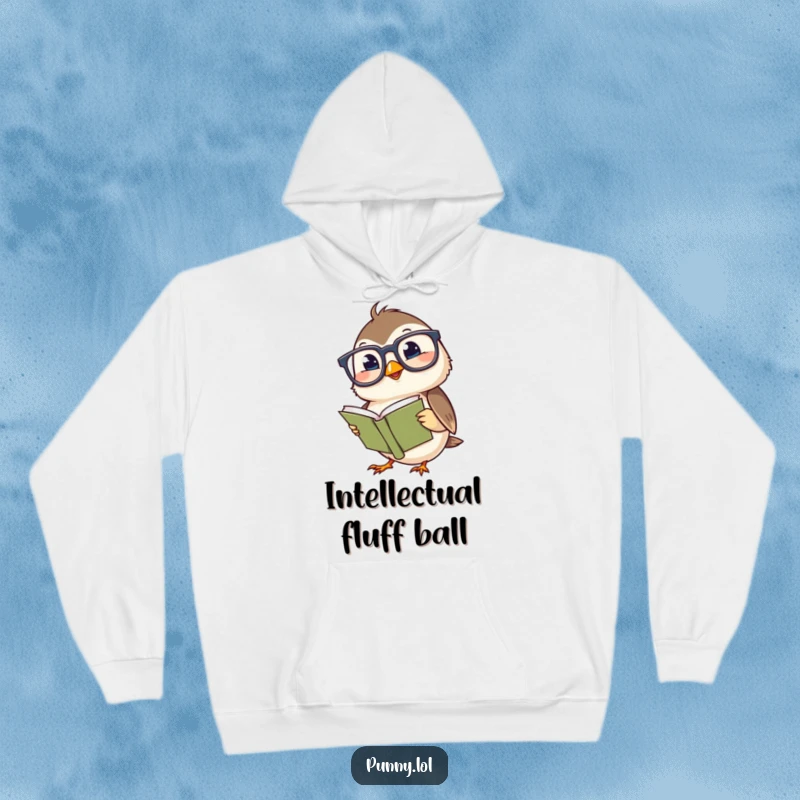 Funny hoodie print of a giggling chickadee with oversized spectacles, absorbed in a tiny book, offering warmth and humor.